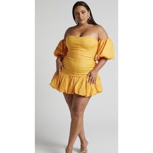 AMALIE The Label SHOWPO Khaila 100% Linen Off The Shoulder Puff Mini Dress Sz 14